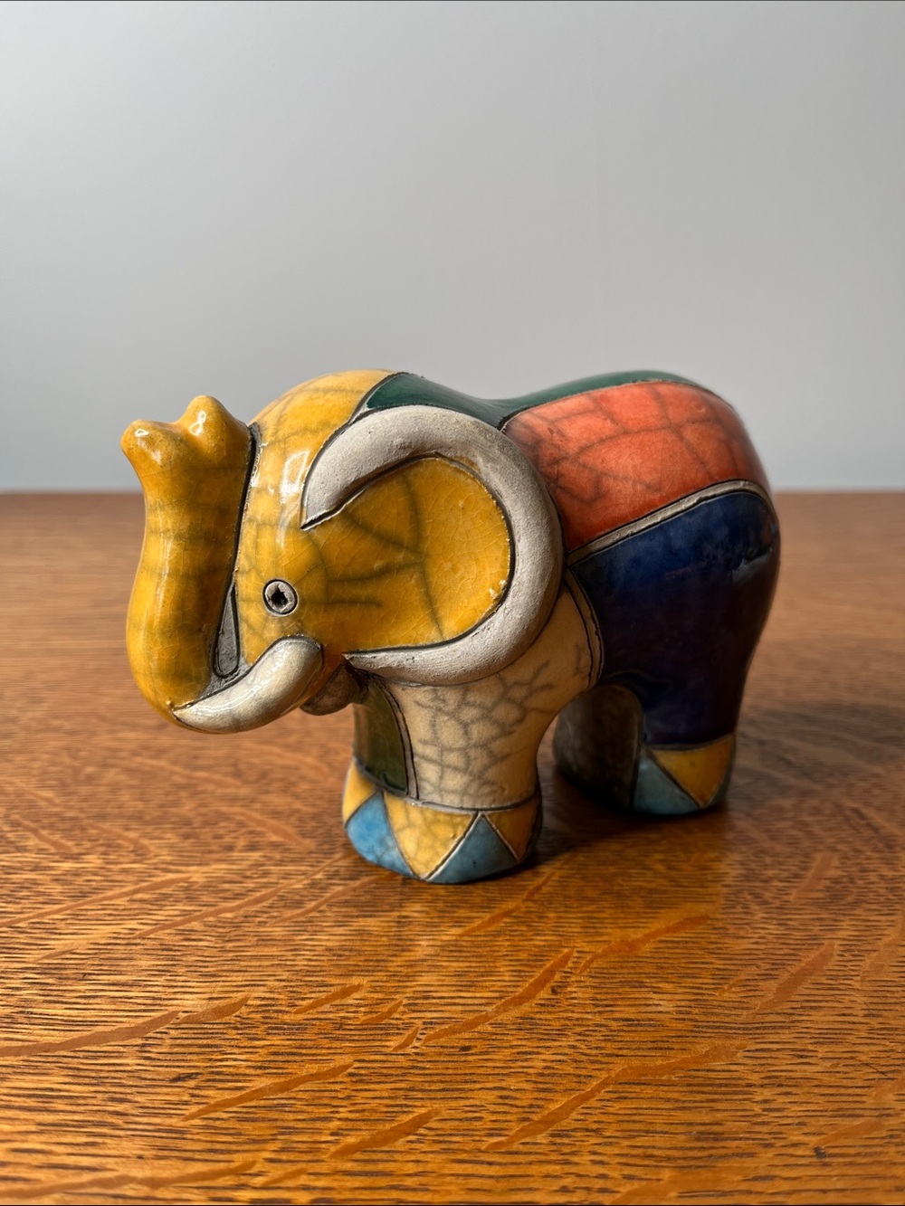 Vintage Pottery Elephant Figurine Colorful Patchwork Raku Glaze.